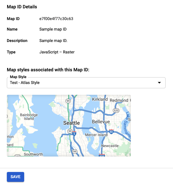地図のスタイルをこのマップ ID に関連付けるためのプルダウン フィールドなど、1 つのマップ ID の詳細ページを示すスクリーンショット。