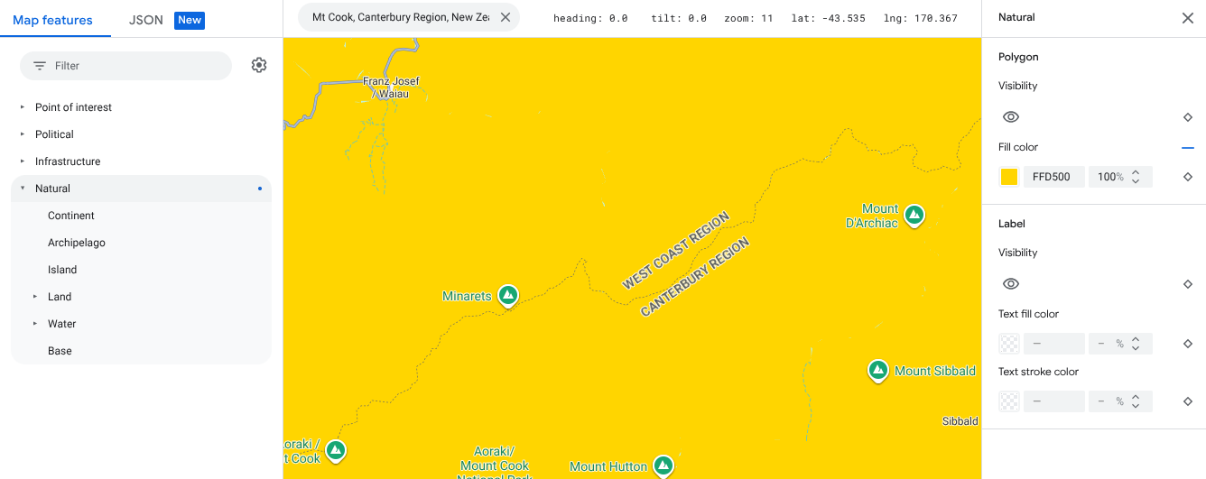Map showing all Natural map features are yellow