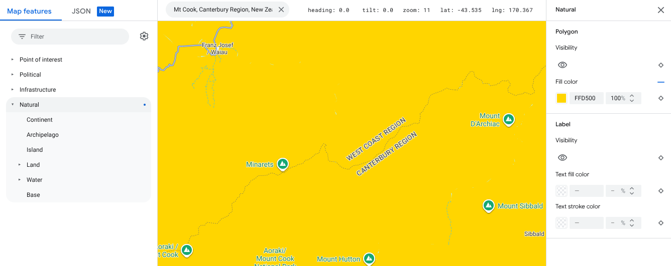 Mappa che mostra tutti gli elementi della mappa naturale in giallo