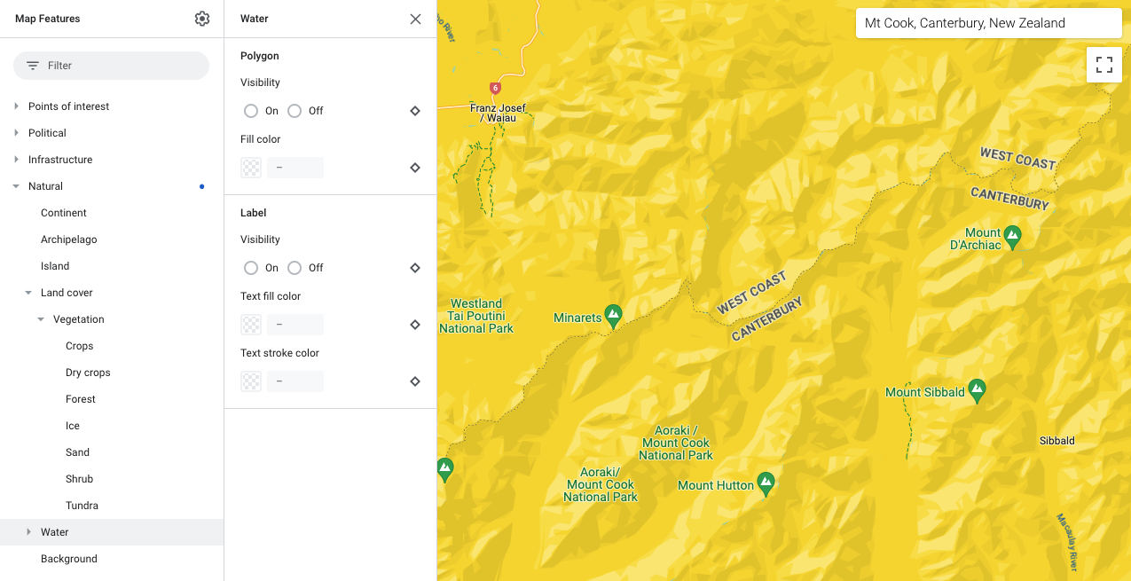 Carte montrant que tous les éléments cartographiques de type &quot;Naturelles&quot; sont en jaune