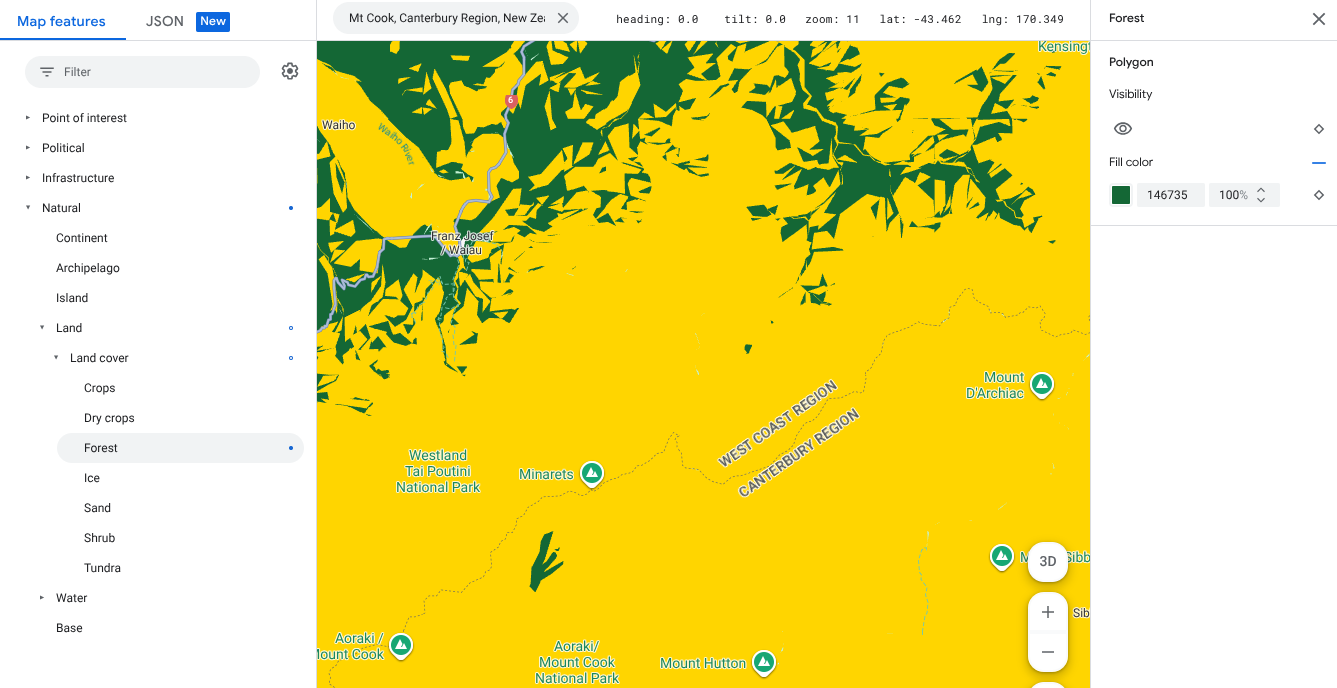 Mappa che mostra gli elementi della mappa di una foresta in verde