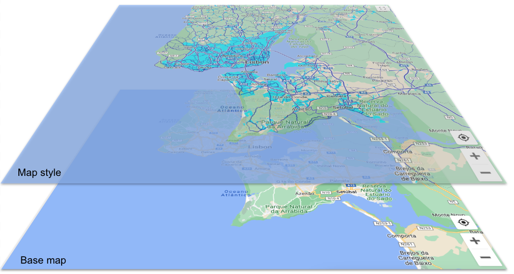 La mappa base con un overlay di stile di mappa in primo piano, che mostra gli elementi di stile delle aree urbane color acqua e delle reti stradali blu