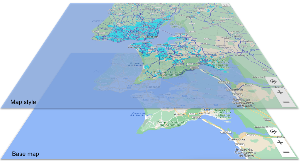 الخريطة الأساسية مع طبقة فوق الخريطة تعرض عناصر النمط الخاصة بالمناطق الحضرية المائية وشبكات الطرق الزرقاء.