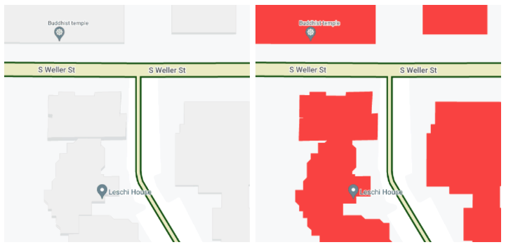 Duas capturas de tela de um mapa personalizado, com zoom ampliado para o nível 19. À esquerda, os edifícios têm uma aparência tridimensional com pequenas sombras em alguns lados. À direita, os edifícios são vermelho-escuro e não têm dimensões nem sombreamento.