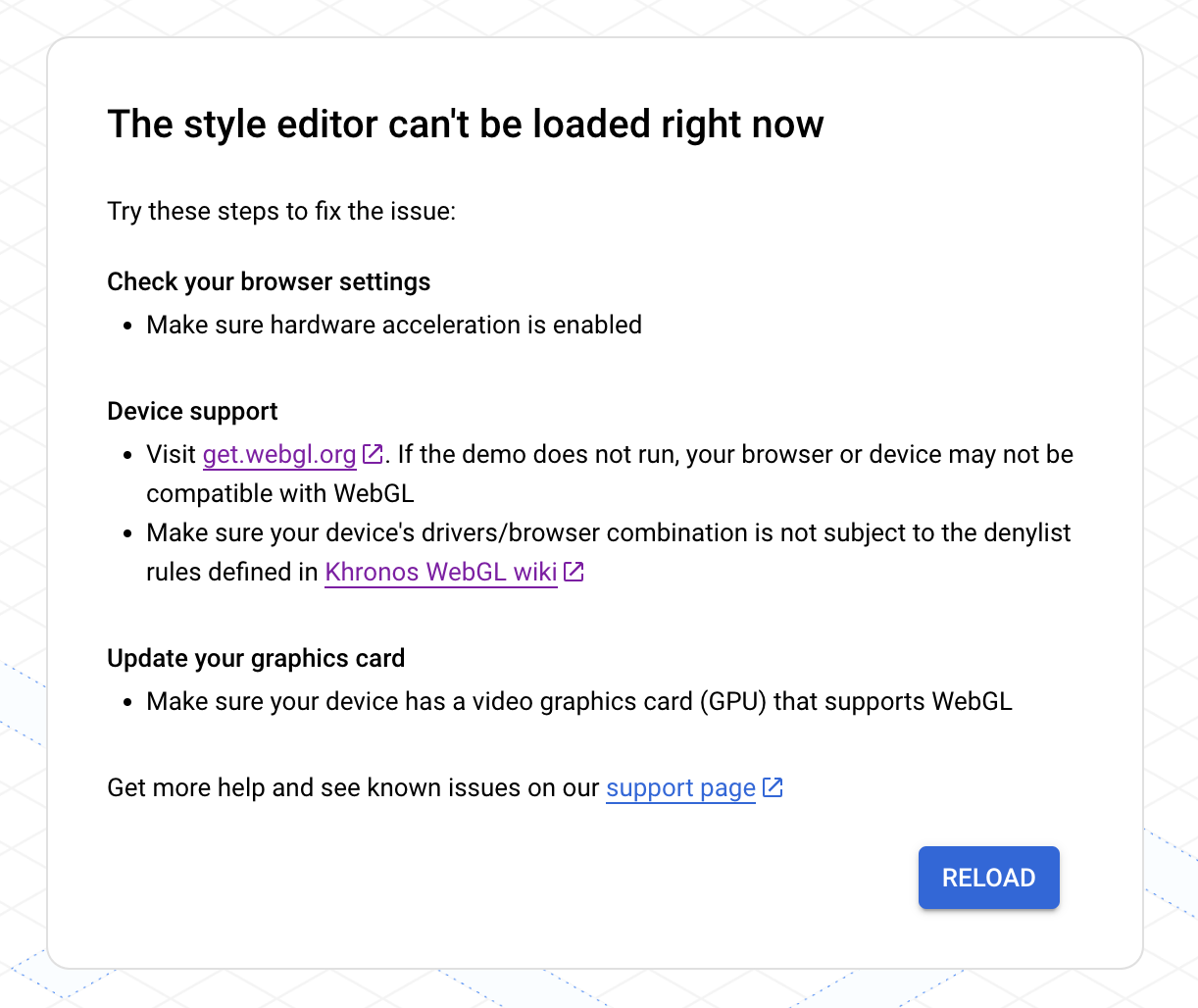 Um exemplo da mensagem "Não é possível carregar o editor de estilo no momento", além de várias etapas para corrigir o erro.