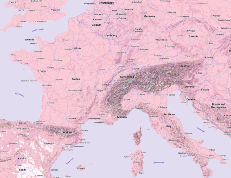 Una mappa del terreno di Francia e Monaco con acqua e terra rosa.