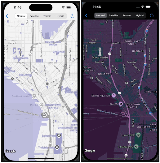 Duas telas de app mostrando um mapa no modo escuro e claro