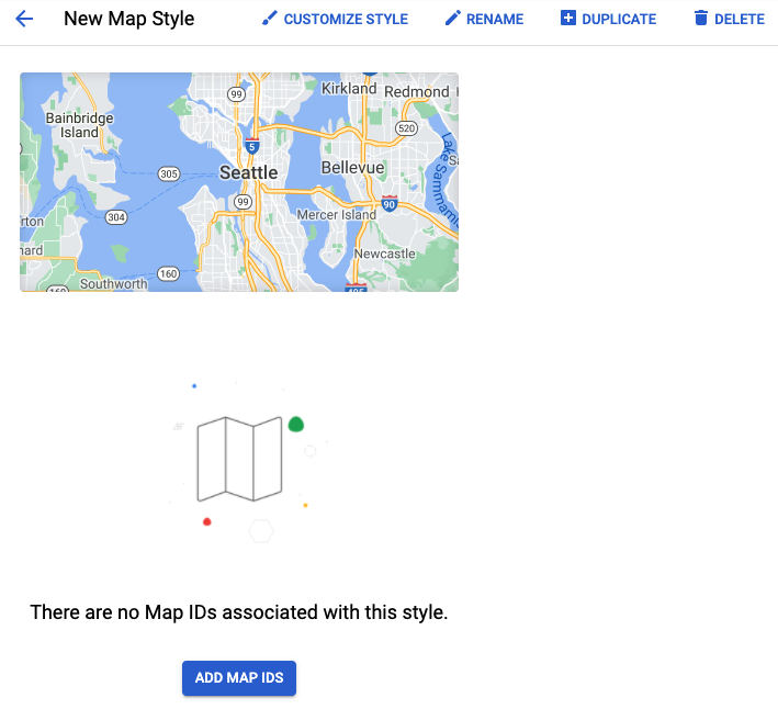 צילום מסך של הדף הראשי לסגנון מפה יחיד, שמציג את שם המפה, את הפקדים להתאמה אישית או לשינוי שם, לשכפול או למחיקה של סגנון, תמונה שמציגה את הסגנון שחל על אזור ממופה והודעה שלפיה לא קיימים מזהי מפות המשויכים לסגנון הזה ולחצן עם התווית &#39;הוספת מזהי מפה&#39;.