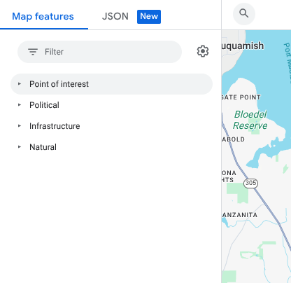O painel de elementos do mapa com uma caixa de filtro e opções expansíveis para os elementos principais &quot;Ponto de interesse&quot;, &quot;Política&quot;, &quot;Infraestrutura&quot; e &quot;Natural&quot;.