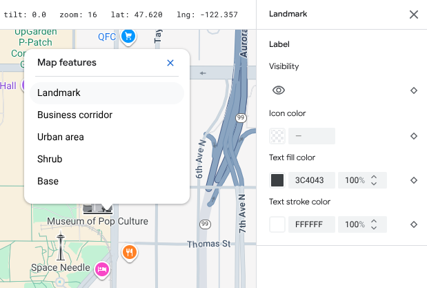 The Landmark map feature is selected in the map inspector and the style panel expands to show the customizable style elements.