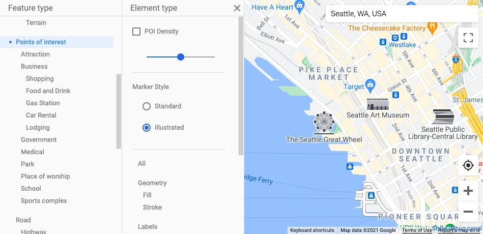 A screenshot of a map showing distinctive POI markets: a small black-and-white line art illustration of the POI in question. These markers are about twice to three times the size of a standard POI marker including the marker background.