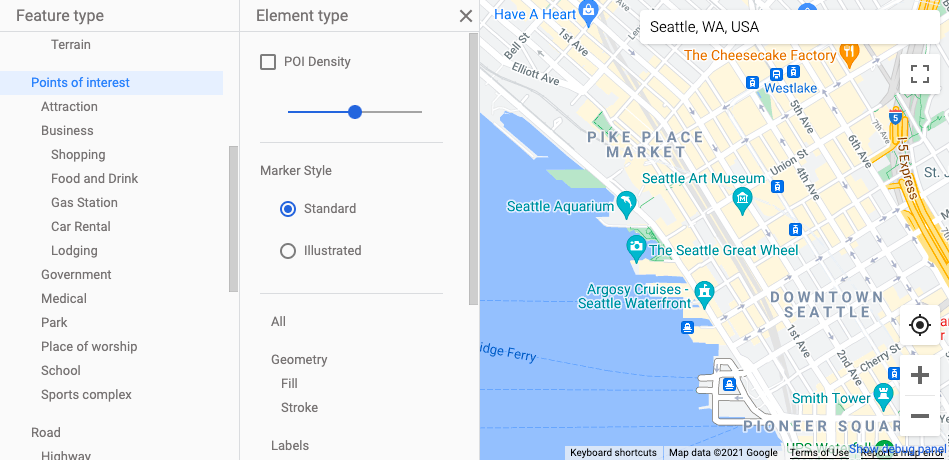 Captura de pantalla de un mapa que muestra marcadores de lugares de interés estándar de Google: un pequeño ícono blanco en un glifo de ícono color turquesa en forma de lágrima.