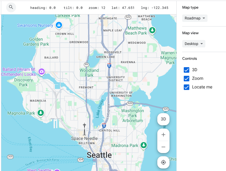 El editor de diseño y sus controles de navegación, como la búsqueda, el zoom, la inclinación en 3D y el panel de contexto con el mapa de Seattle.