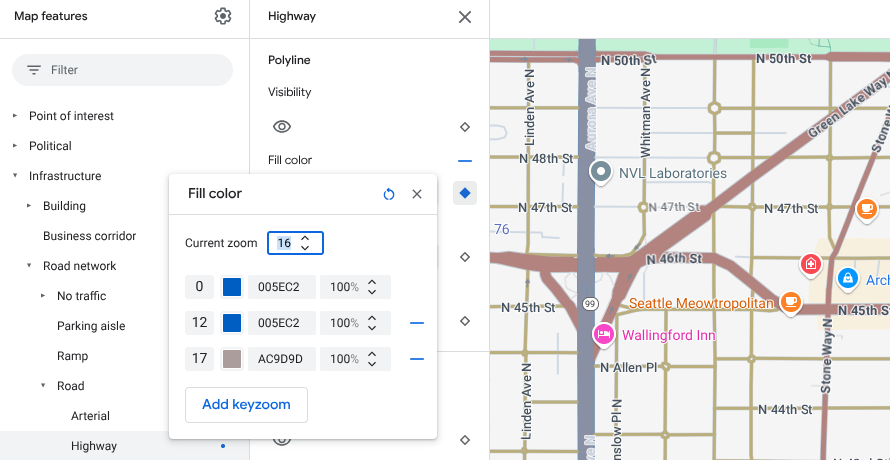 The same Seattle map but with zoom level styles added at 12 and 17 so that the
colors of the blue highway fade into the beige
surface.