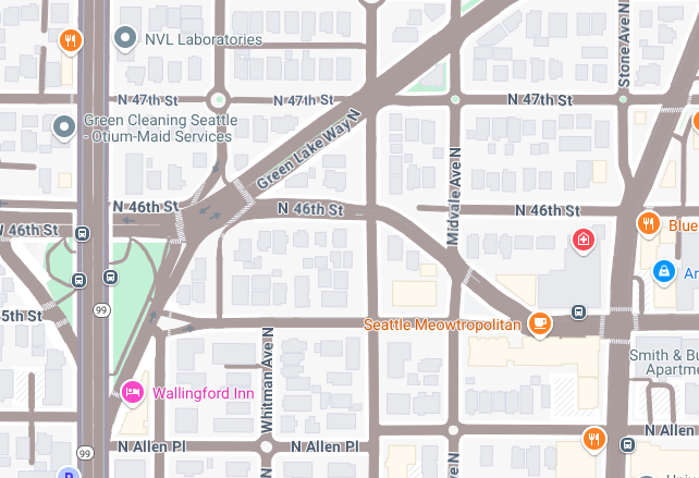 Vẫn là bản đồ Seattle ở mức thu phóng 17 và tất cả các con đường hiện có màu be vì chúng đã chuyển sang tính năng Bản đồ Surface.