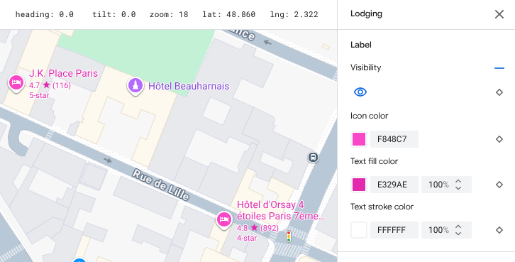 「Lodging」(住宿) 的「Visibility」(顯示設定) 為「On」(開啟)：顯示飯店