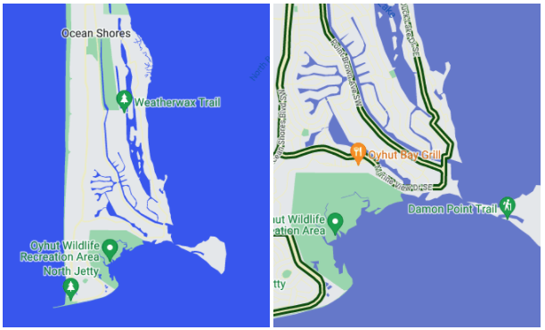 两张显示自定义样式地图的屏幕截图。左侧截屏中显示的是被一片中等偏深的蓝色水域包围的陆地。右侧截屏中显示的是地图上的同一片区域，但被放大了一个级别。该水域的蓝色比左侧地图略浅。