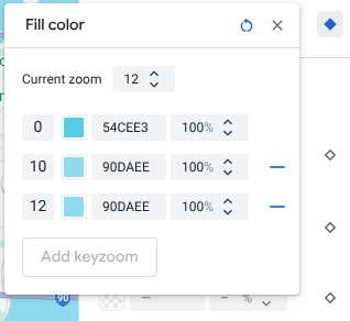 Um novo estilo de nível de zoom para o nível 12 atual aparece no painel de keyzoom com o valor padrão do mapa de base.