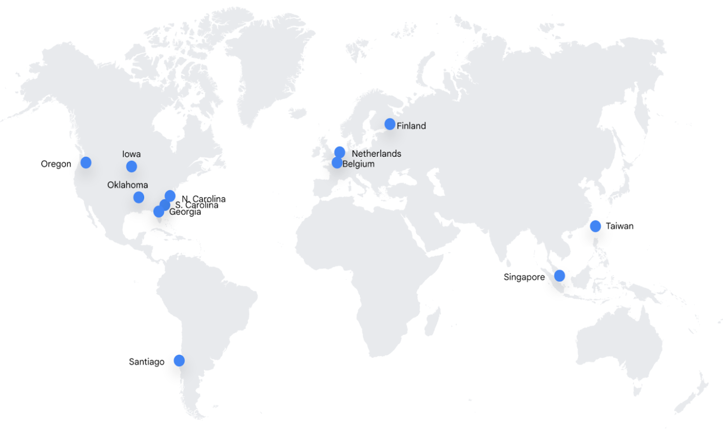 Mapa mundial que presenta las ubicaciones de los centros de datos con puntos azules
