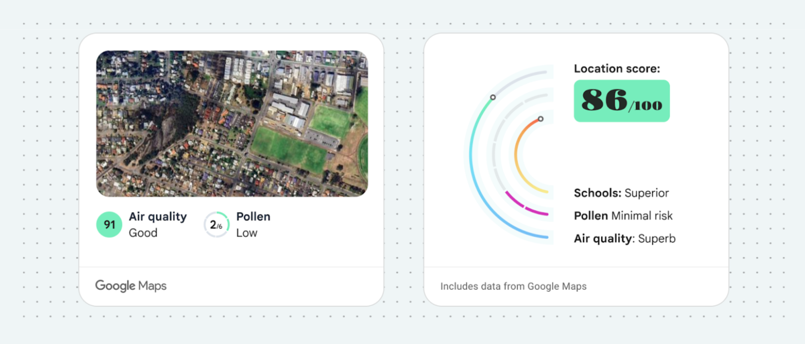 Left: Air Quality and Pollen data presented without modification;
Right: Custom content attributing Google Maps data