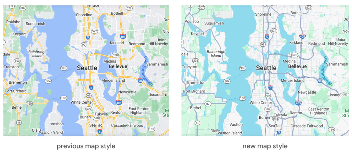 진한 파란색 물과 노란색 도로가 있는 이전 지도 스타일과 청록색 물과 회색 도로가 있는 업데이트된 지도 스타일을 비교하여 보여주는 2개의 시애틀 지도