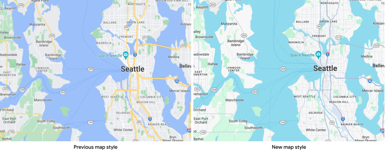 Dwie mapy Seattle pokazujące stary styl mapy z ciemnoniebieską wodą i żółtymi drogami w porównaniu ze zaktualizowanym stylem mapy z turkusową wodą i szarymi drogami.