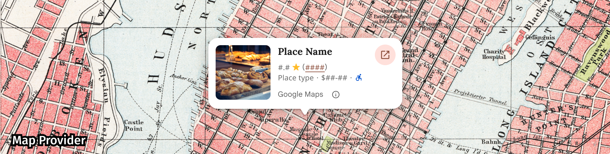 Google マップ以外の地図での Places UI キットの帰属表示の例
