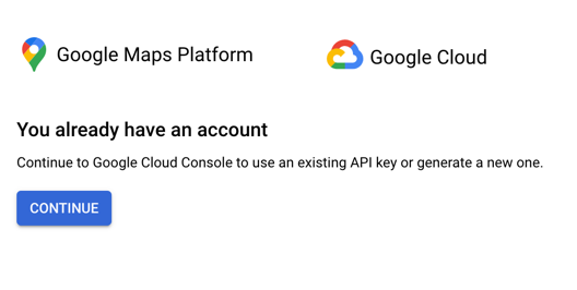 Виджет с сообщением о том, что аккаунт уже существует, и кнопкой для перехода в консоль Google Cloud