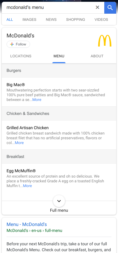 Thực đơn của McDonald&#39;s.