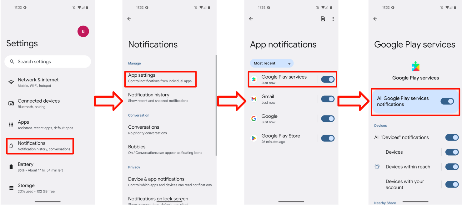 Bu şekilde, Google Play Hizmetleri'ndeki bildirim anahtarının nasıl çalıştığı gösterilmektedir.