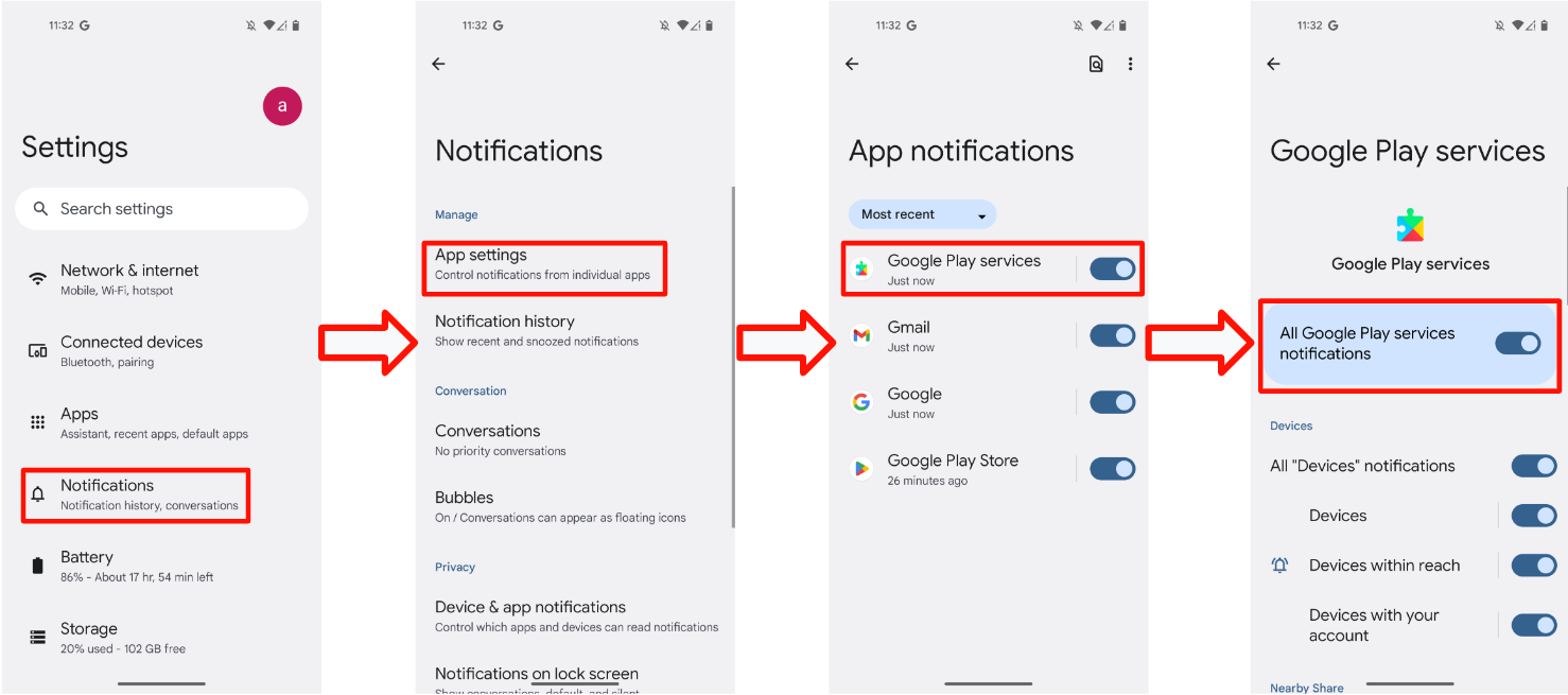 Cette figure montre comment changer les notifications dans les services Google Play.