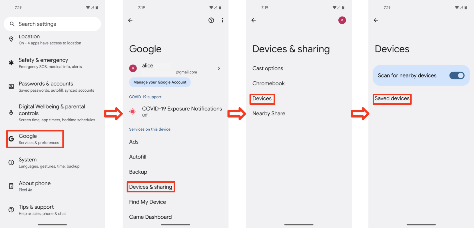 Isso mostra todo o fluxo para encontrar dispositivos pareados, incluindo a rolagem para baixo na página &quot;Configurações&quot;.