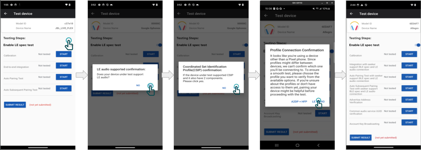 Os testes de áudio LE são mostrados se o usuário confirmar que o smartphone não Pixel oferece suporte a áudio LE.