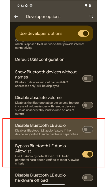 এটি বিকাশকারী বিকল্প পৃষ্ঠার অধীনে LEA সুইচগুলি দেখায়। This shows the LEA switches under the Developer Options page.
