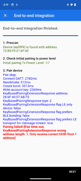 L'application affiche une erreur de longueur d'adresse KeyBasedPairingExtensionResponse dans le test d'intégration E2E.