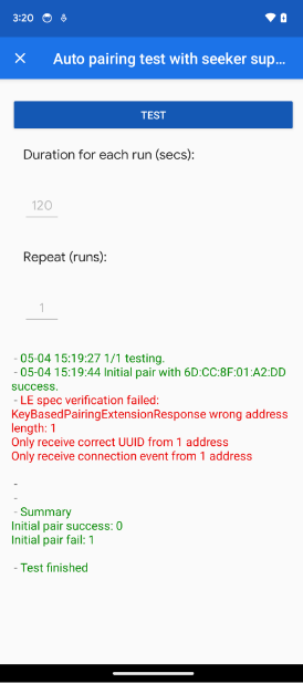 L'application affiche une erreur de longueur d'adresse KeyBasedPairingExtensionResponse dans les tests d'association automatique et d'association automatique ultérieure.
