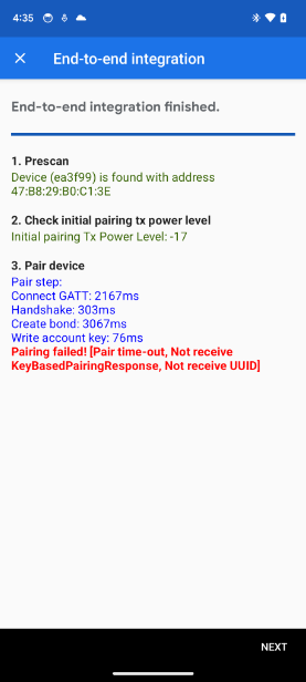 برنامه یک خطای KeyBasedPairingResponse را در آزمون E2E Integration نشان می دهد. The app shows a KeyBasedPairingResponse error in the E2E Integration test.
