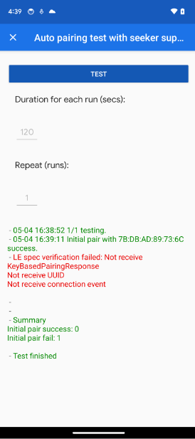 Приложение отображает ошибку KeyBasedPairingResponse в тесте интеграции E2E. The app shows a KeyBasedPairingResponse error in the Auto Pairing and Auto Subsequent Pairing tests.
