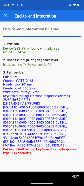 অ্যাপটি E2E ইন্টিগ্রেশন পরীক্ষায় একটি KeyBasedPairingResponseType ত্রুটি দেখায়। The app shows a KeyBasedPairingResponseType error in the E2E Integration test.