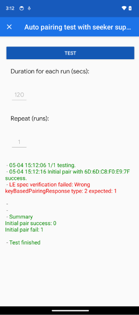 The app shows a KeyBasedPairingResponseType error in the Auto Pairing and Auto Subsequent Pairing tests.