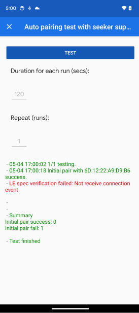 برنامه یک خطای حالت را در تست جفتسازی خودکار و جفتسازی خودکار بعدی نشان میدهد. The app shows a State error in the Auto Pairing and Auto Subsequent Pairing tests.