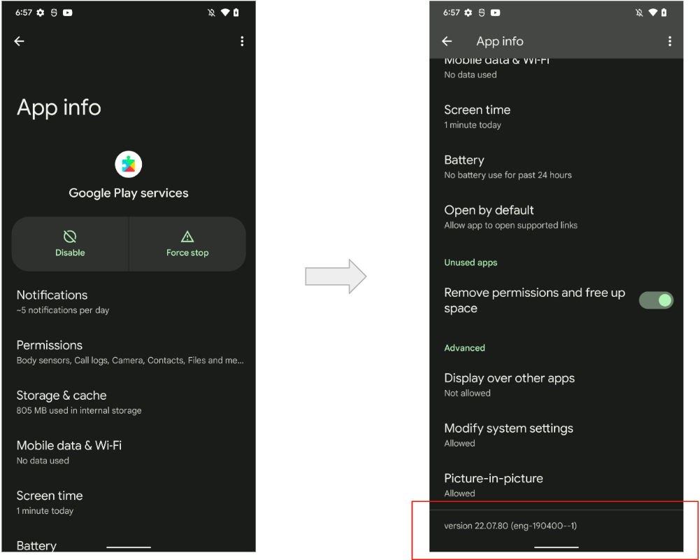 Версию GMS можно найти на странице информации о приложении для сервисов Google Play. The GMS version can be found in the App Info page for Google Play services.
