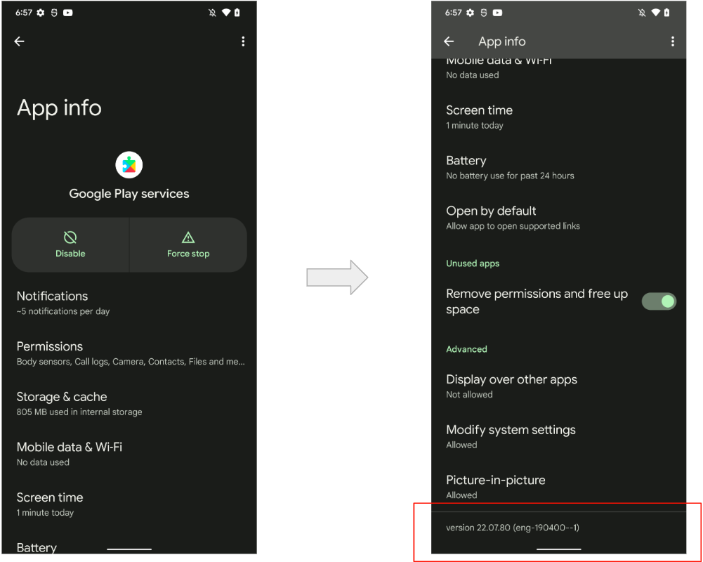 Version et détails des services Google Mobile compatibles