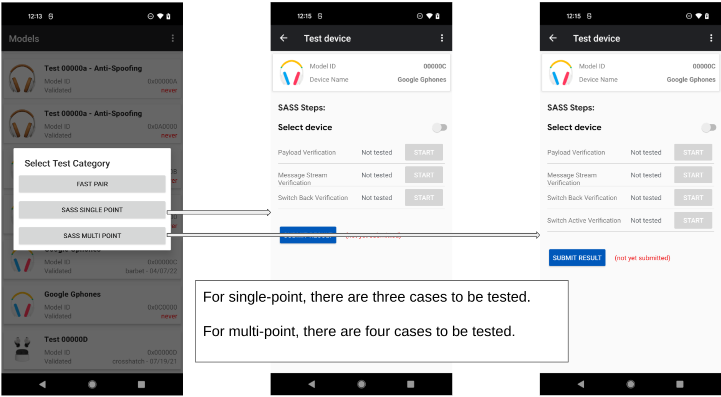 Figura 5: Se muestra cómo seleccionar un dispositivo para realizar pruebas y los tipos de pruebas que puede tener. Figura 5: Se muestra cómo seleccionar un dispositivo para realizar pruebas y los tipos de pruebas que puede tener.