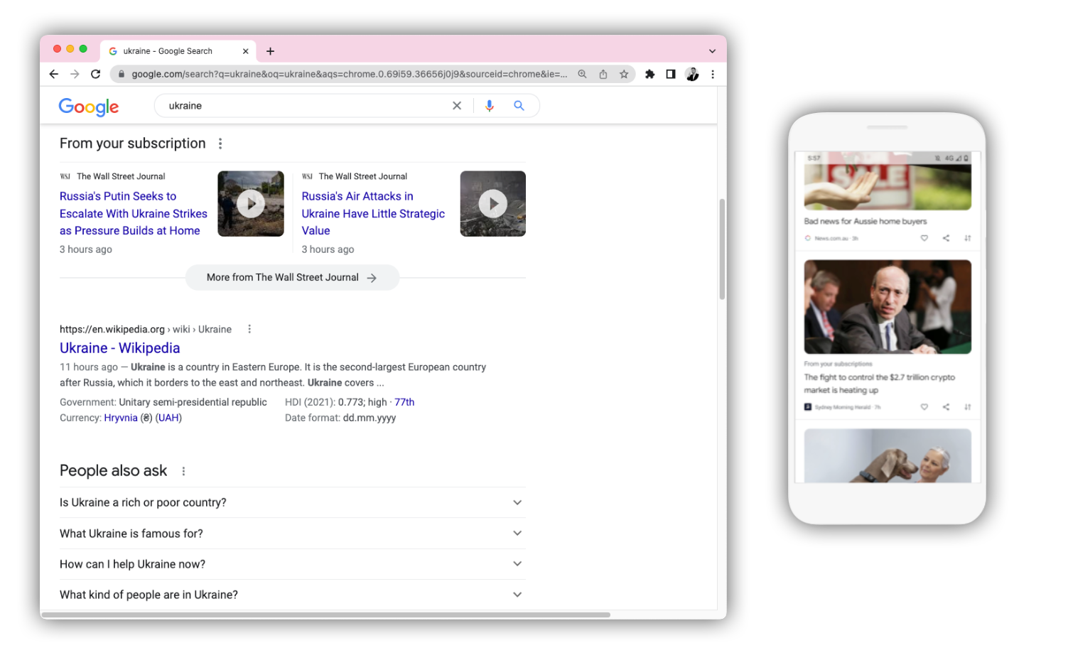 Dwa zrzuty ekranu przedstawiające moduł Z subskrypcji na stronie wyników wyszukiwania
