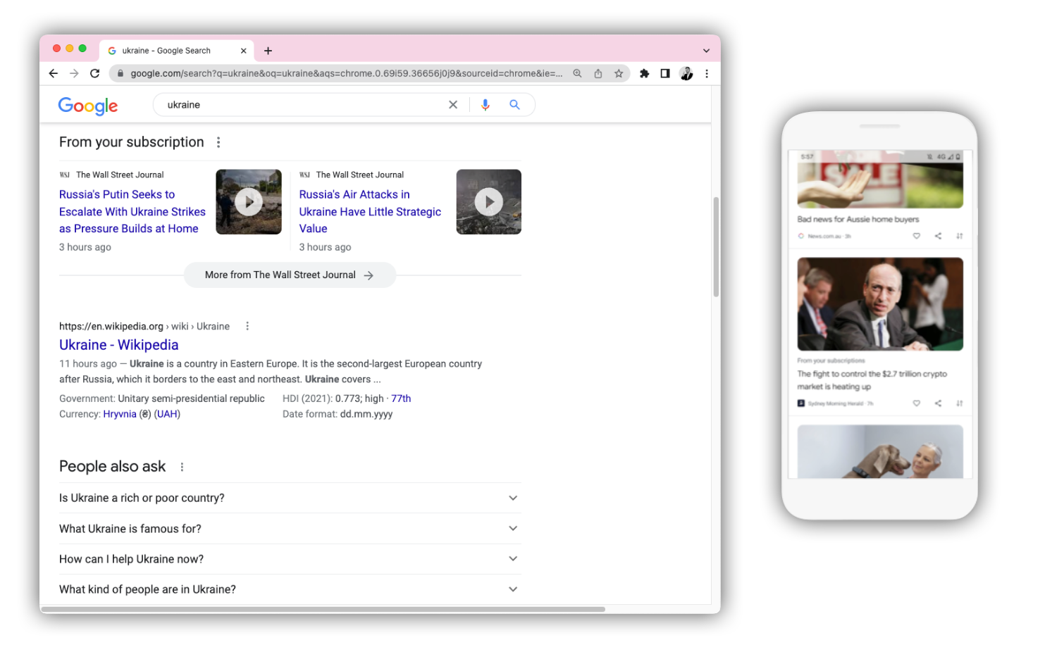 A pair of
screenshots showing the From your subscriptions module on a search results
page
