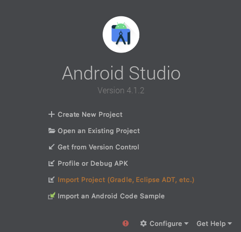Android Studio start\nscreen Android Studio start screen