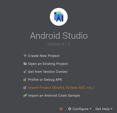 Android Studio की शुरुआती स्क्रीन
