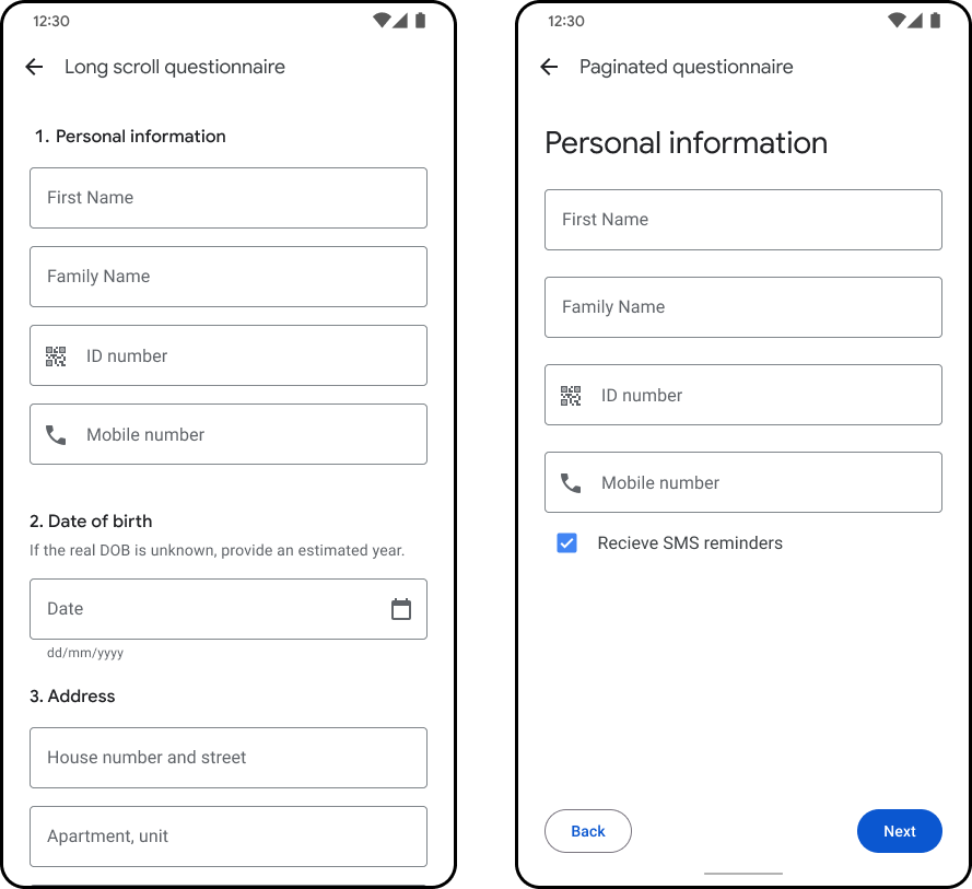 การเปรียบเทียบแบบเลื่อนยาวและเลย์เอาต์ที่มีเลขหน้า การเลื่อนค้างมีคำถาม 3 ข้อในหน้าหนึ่ง ส่วนที่ใส่เลขหน้าจะมี 1 คำถาม