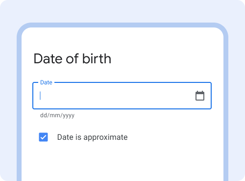 Geburtsdatum Die Datumseingabe über die Tastatur ist aktiv. Kalendersymbol auf der rechten Seite des Textfelds. Das Kästchen ist angeklickt und gibt an, dass ein ungefähres Datum angegeben wurde.